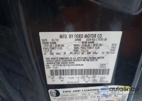 2012 Ford F150 Supercrew z USA, uszkodzony, nr VIN 1FTFW1EF6CKD26826